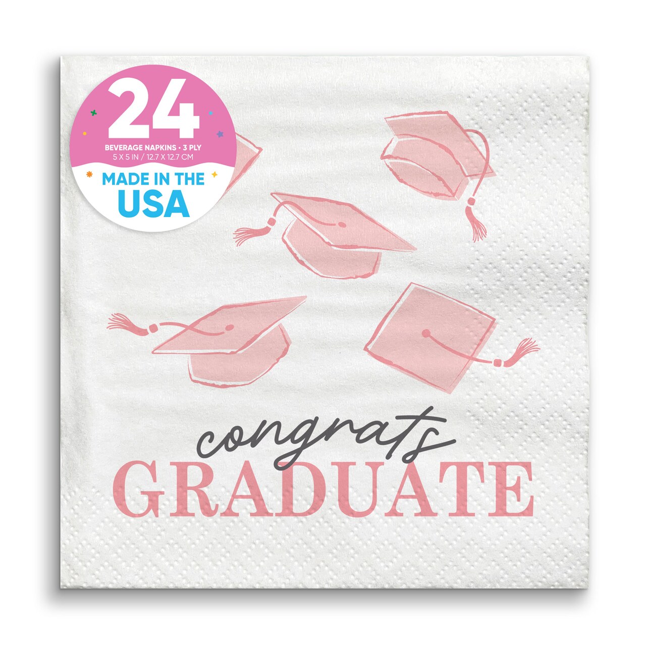 Big Dot of Happiness Pink Graduation Napkins, Congrats Graduate Supplies, Rose Gold Printing on White 3-Ply Paper Beverage Cocktail Napkins - 24 Count